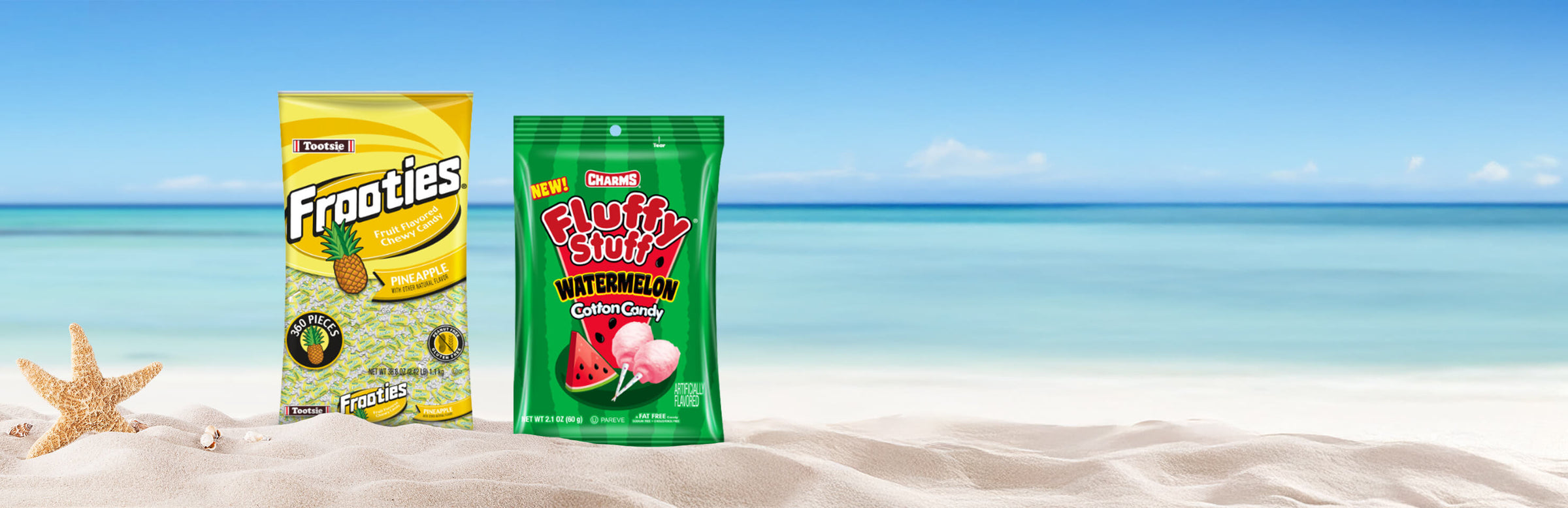 Tootsie frooties and Charms fluffy stuff watermelon on the beach with sea star next to it.
