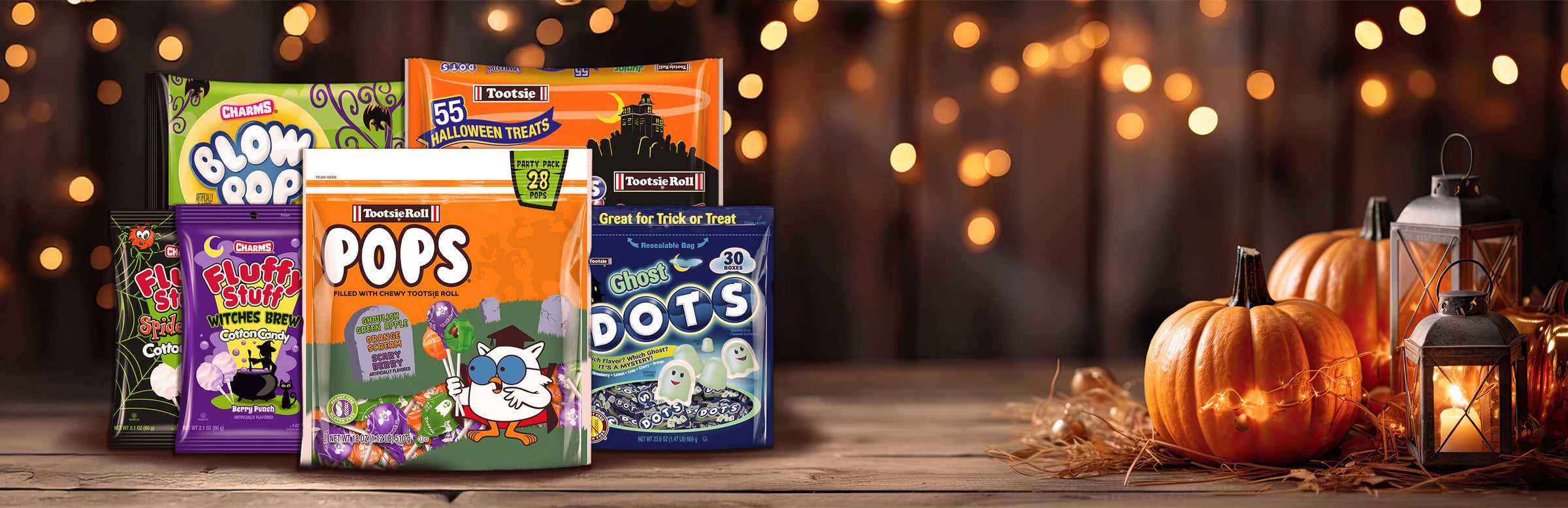 Various Tootsie products in the Halloween theme background
