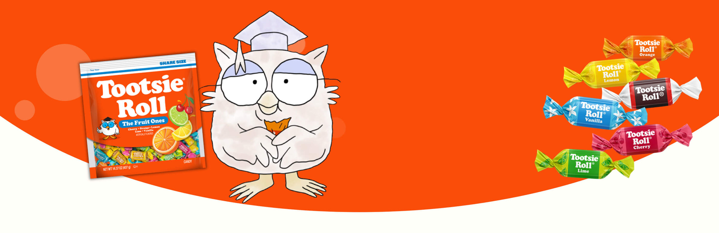 Tootsie Roll Fruit Ones candy bag beside the brand’s owl mascot, with individually wrapped orange, lemon, vanilla, cherry, and lime Tootsie Rolls on an orange background.