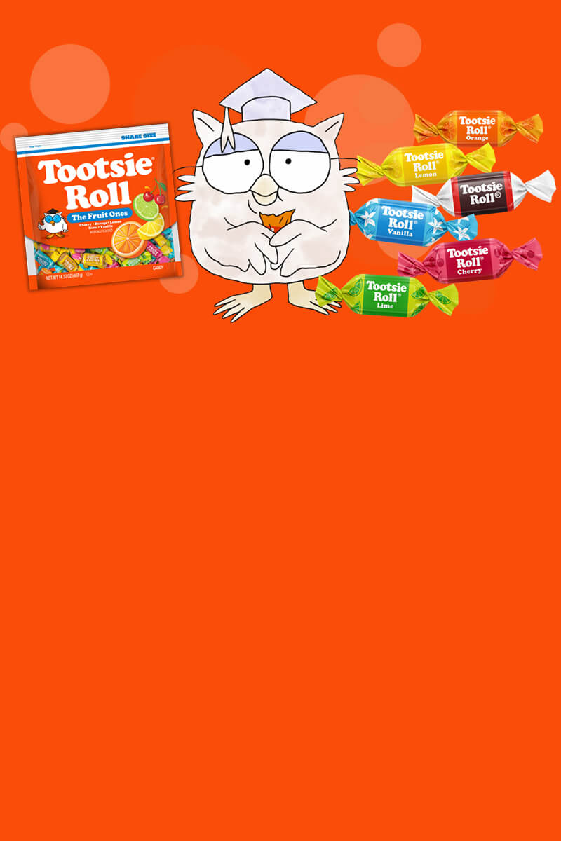 Tootsie Roll Fruit Ones candy bag with the brand’s owl mascot and individually wrapped orange, lemon, vanilla, cherry, and lime candies on a bright orange background.