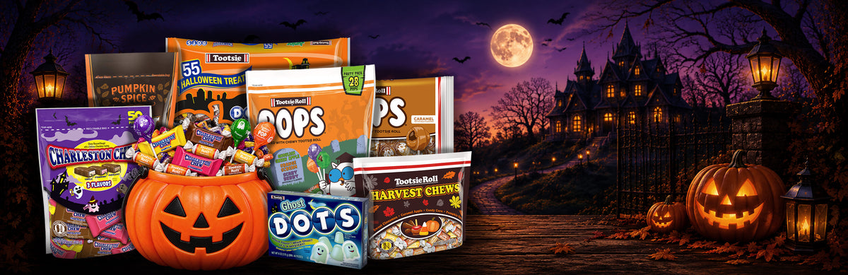 Tootsie Roll Halloween candy assortment with Pops, Dots, Charleston Chew, Harvest Chews, and Pumpkin Spice treats surrounding a jack-o'-lantern candy bucket in a spooky moonlit setting.