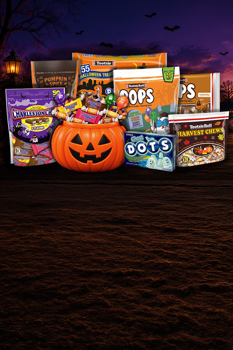 Tootsie Roll Halloween candy assortment with Pops, Dots, Charleston Chew, Harvest Chews, and Pumpkin Spice treats arranged around a jack-o'-lantern candy bucket.
