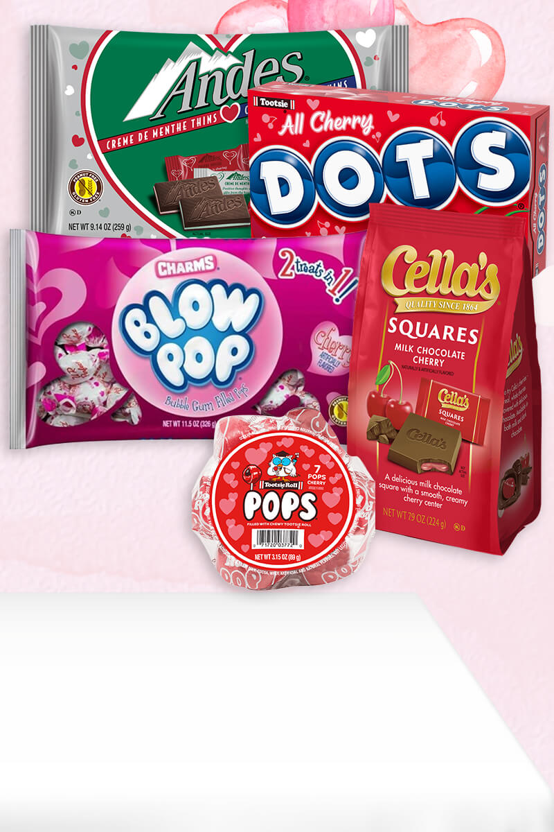 various Tootsie products with valentine's day theme background