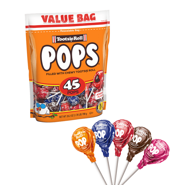 Tootsie Pops Assorted Flavors (28.2 oz. / 45 ct. Bag) with lollipops next to it