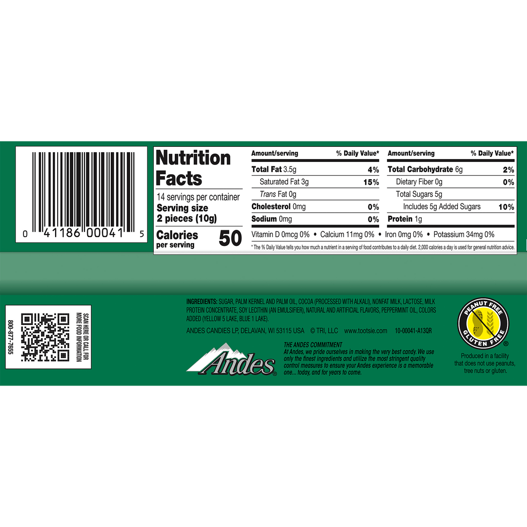 Andes Crème de Menthe Thins (4.67 oz. / 28 ct. Box) Nutrition Facts Panel
