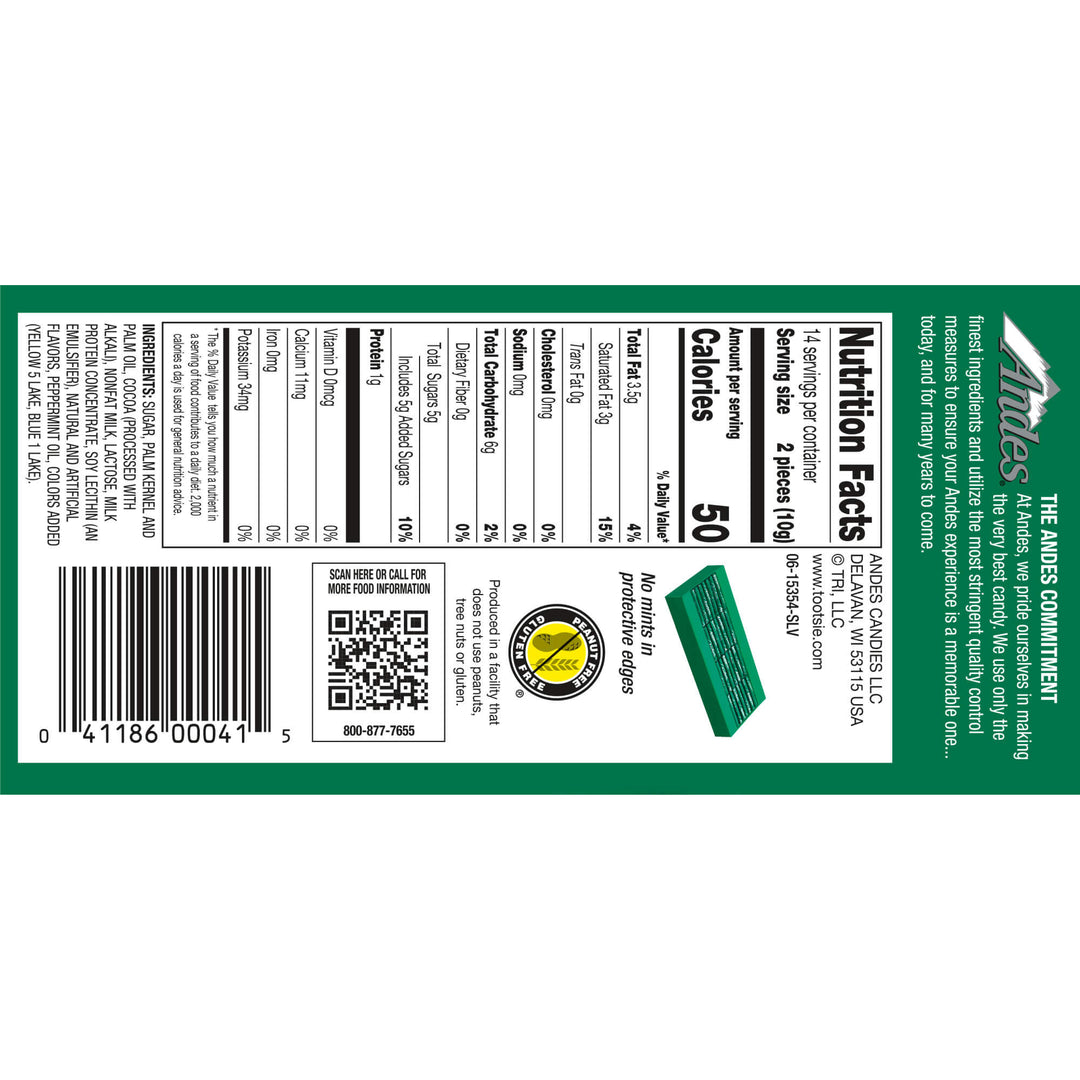 Andes Crème de Menthe Thins Easter Gift Card Sleeve (4.67 oz. Box) - Nutrition Facts Panel
