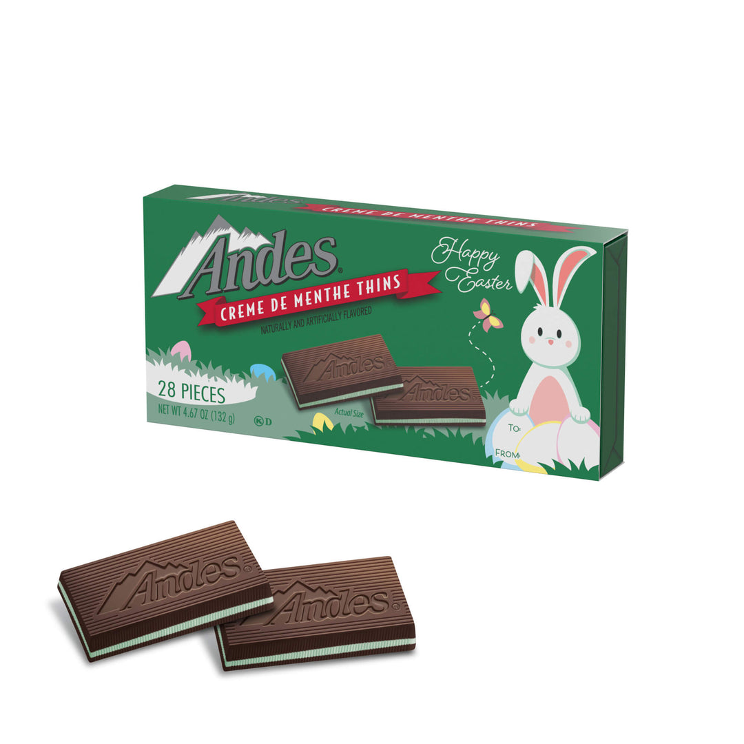 Andes Crème de Menthe Thins Easter Gift Card Sleeve (4.67 oz. Box) with unwrapped Andes next to it.