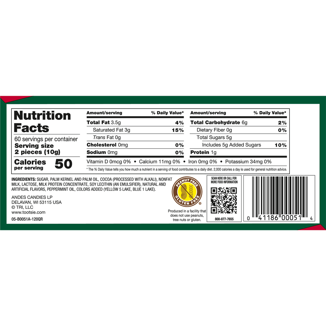 Andes Crème de Menthe Thins (20 oz. /120 ct. Box) Nutrition Facts Panel