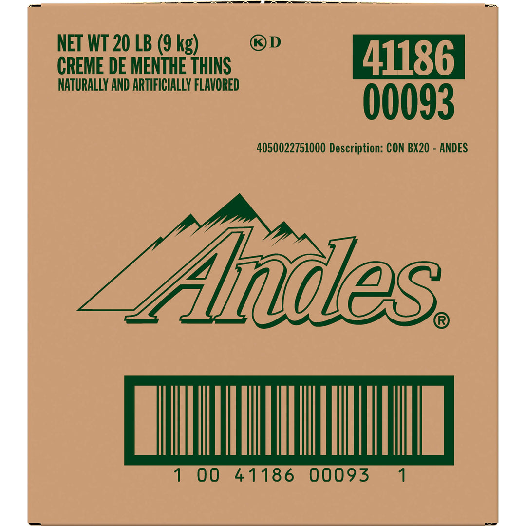 Cardboard box of Andes creme de menthe thins with branding and product details.