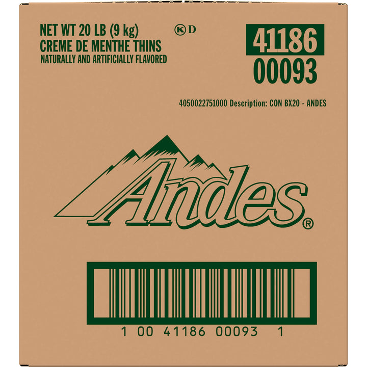 Cardboard box of Andes creme de menthe thins with branding and product details.