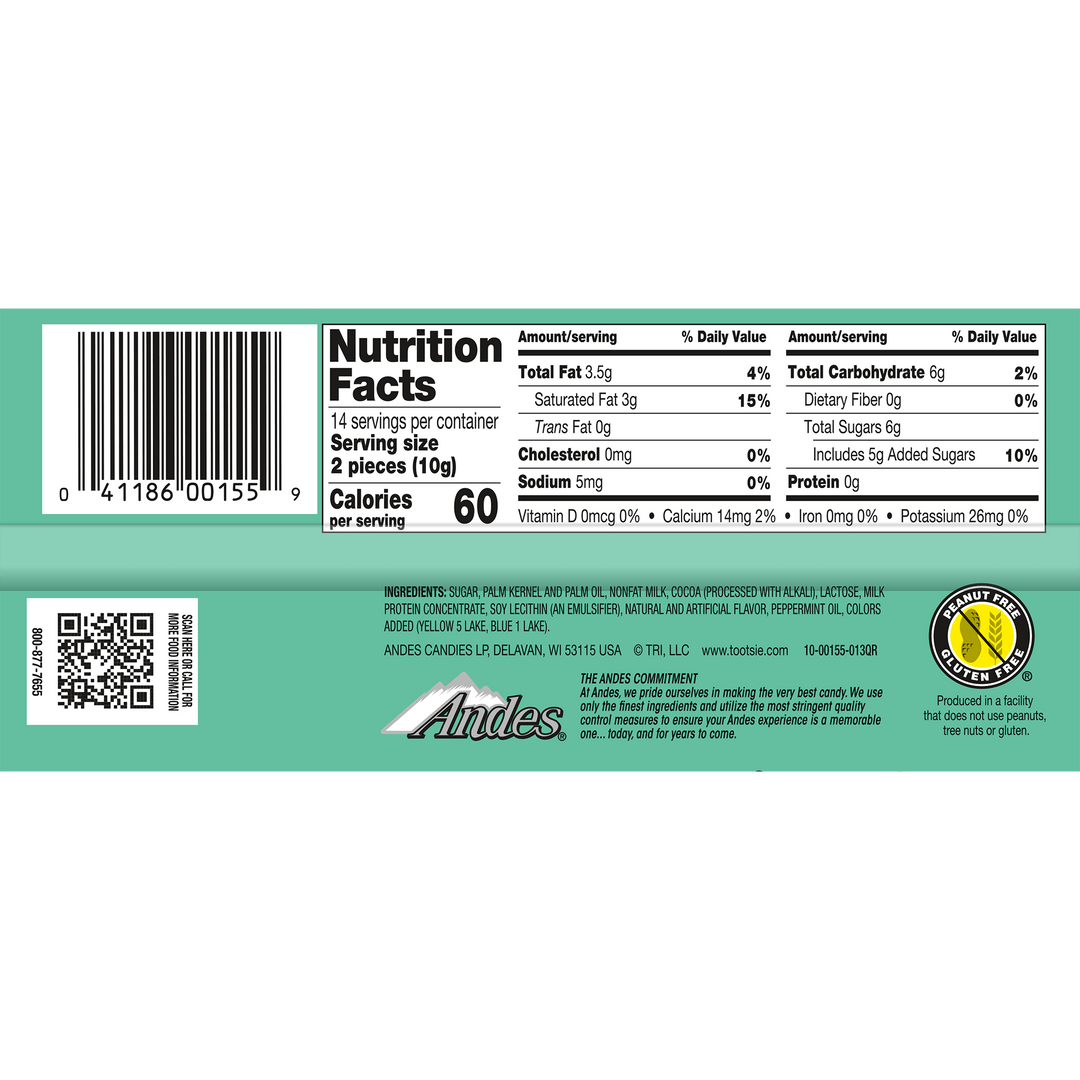 Andes Mint Parfait Thins (4.67 oz. Box) Nutritional Facts Panel
