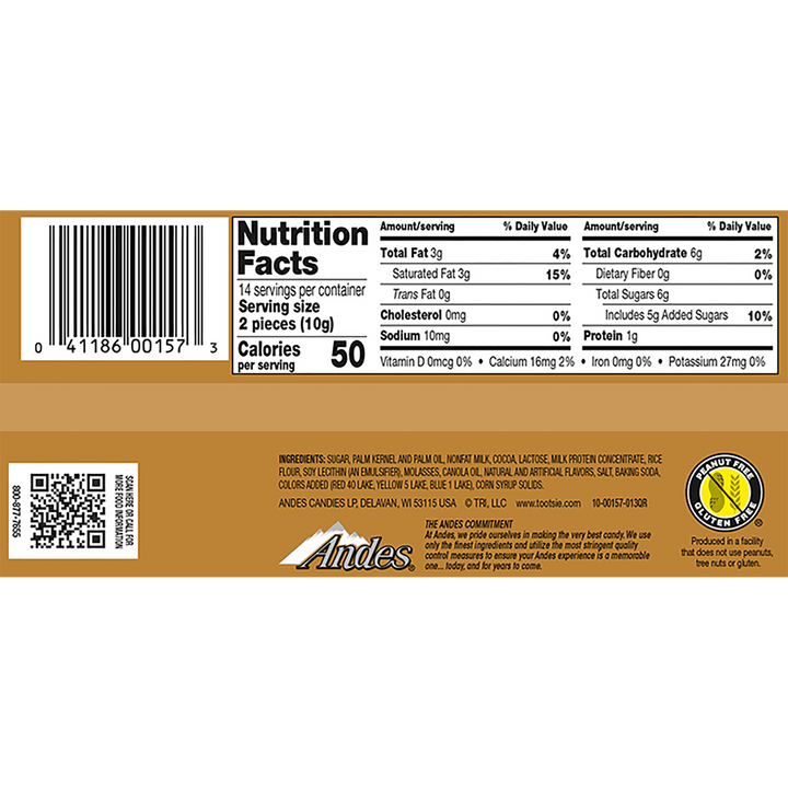 Andes Toffee Crunch Thins (4.67 oz. Box) Nutrition Facts Panel