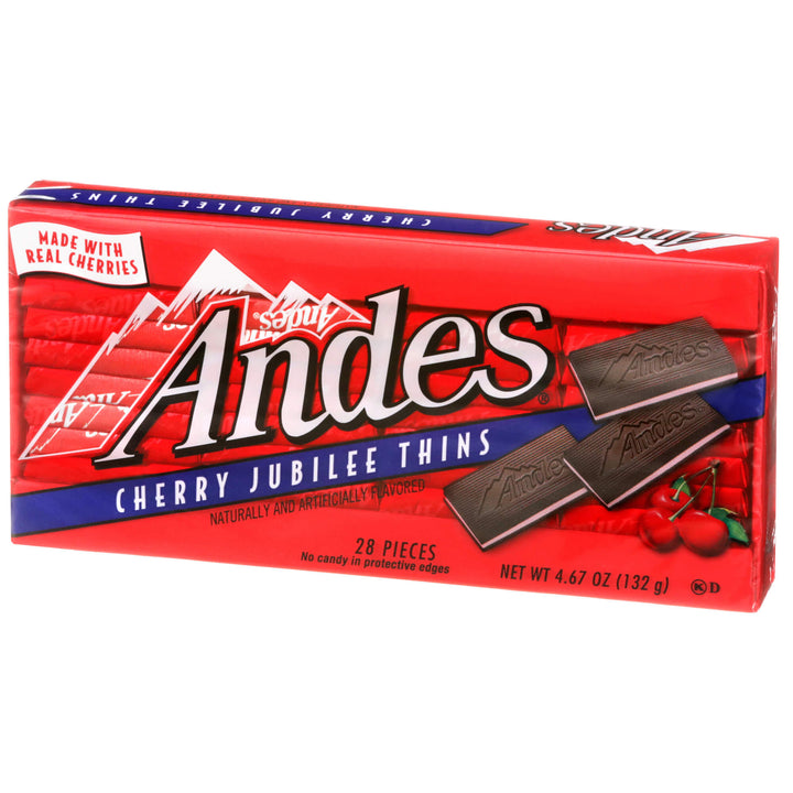 Box of Andes Cherry Jubilee Thins chocolate bars on a white background