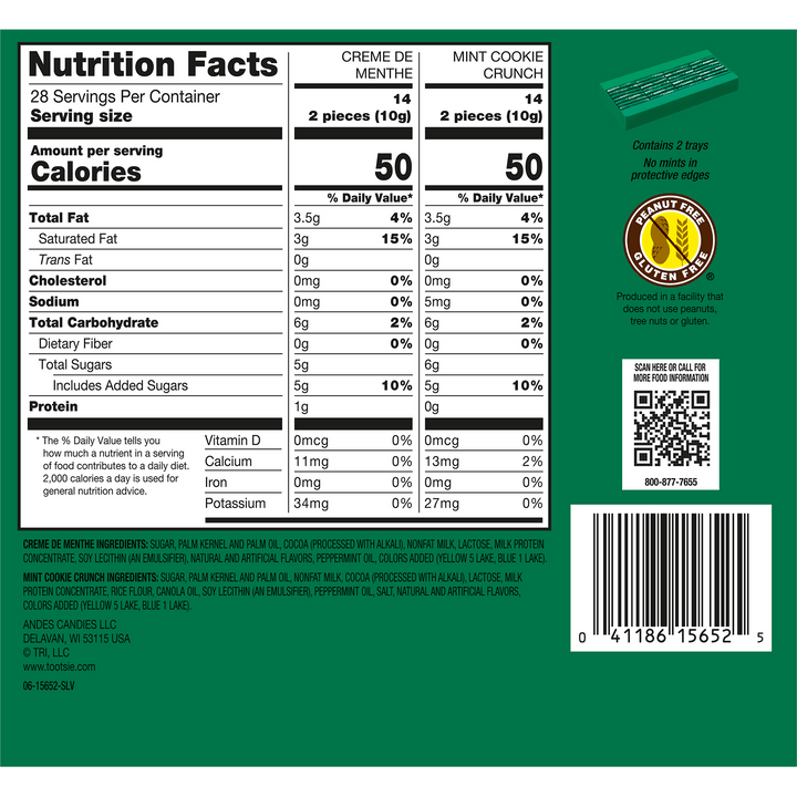 Andes Valentine Mint To Be Together Creme De Menthe Thins and Mint Cookie Crunch Thins (9.34 oz. Box) Nutrition Facts Panel