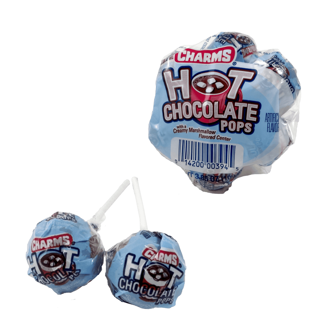 Charms Hot Chocolate Pops (3.85 oz. / 7 ct Bunch) with lollipops next to it