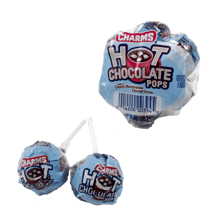 Charms Hot Chocolate Pops (3.85 oz. / 7 ct Bunch) with lollipops next to it