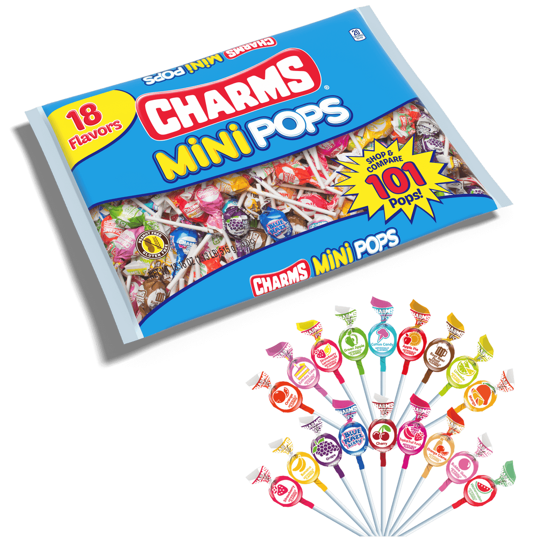 Charms Assorted  Mini Pops (18.16 oz. / 101 ct. Bag) with lollipops next to it