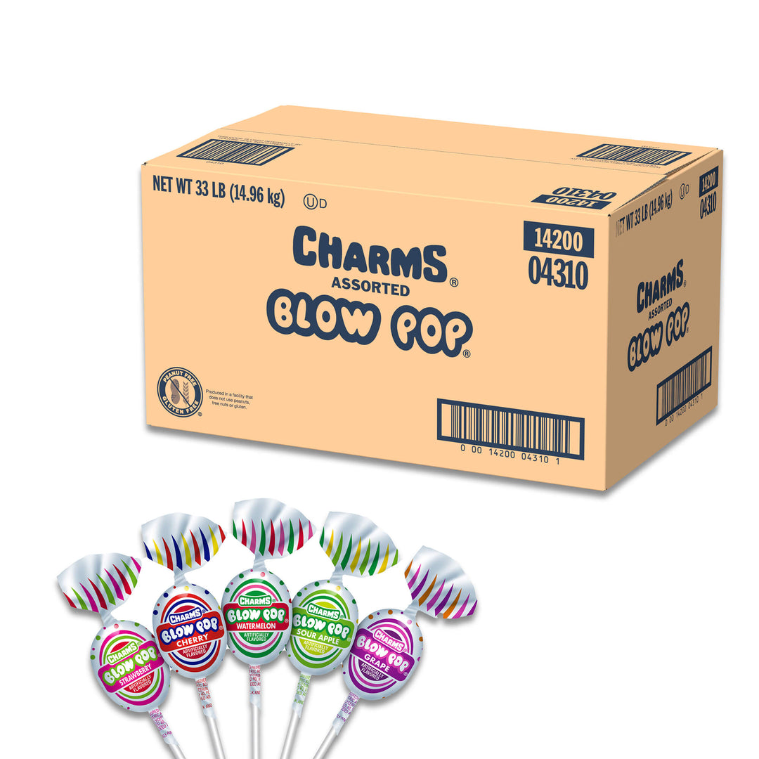 Box of Charms assorted blow pop lollipops on a white background