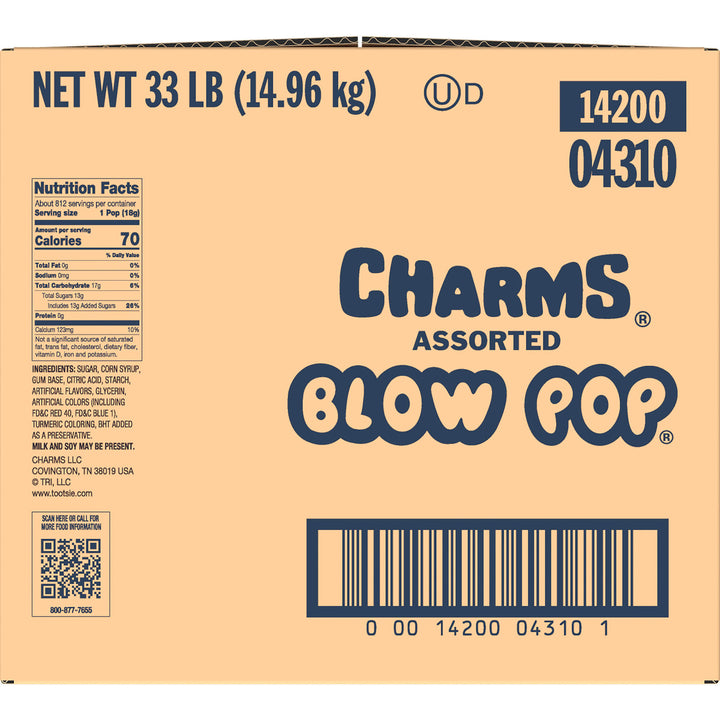 Cardboard box of Charms Assorted Blow Pop with branding and product details.