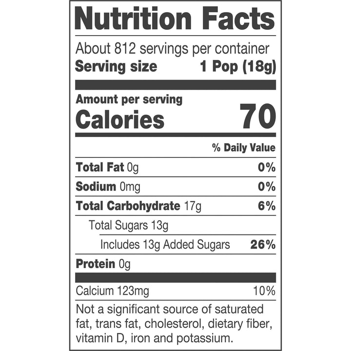 Nutrition facts label for a product with serving size, calories, and detailed nutritional information.