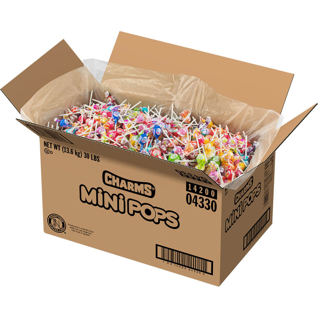 Box of Charms Mini Pops lollipops on a white background