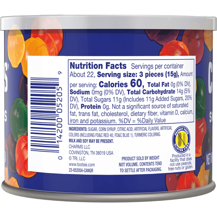 Charms Assorted Sour Balls (12 oz. Canister) Nutrition Facts Panel
