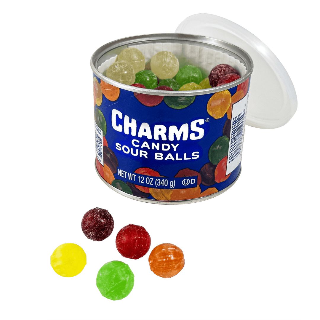 Charms Assorted Sour Balls (12 oz. Canister) with candies next to it