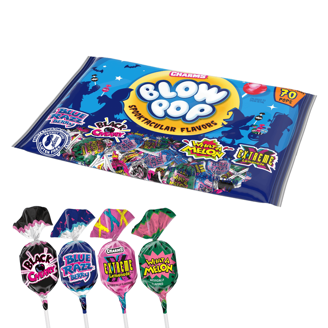 Packaging of Charms Blow Pop with colorful lollipops displayed below 