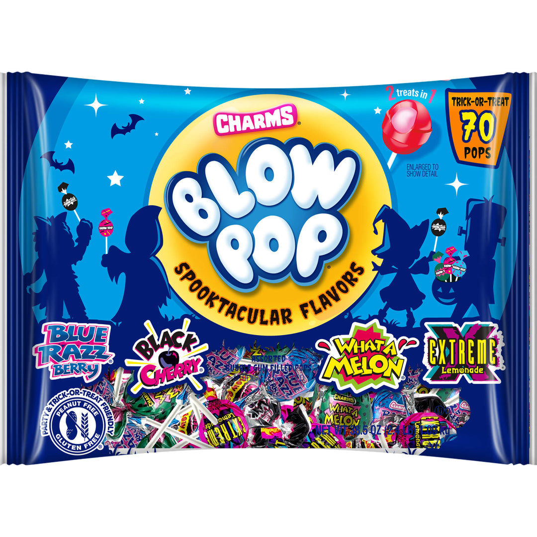 Charms Blow Pop Spooktacular Flavors package with colorful text and graphics on a blue background
