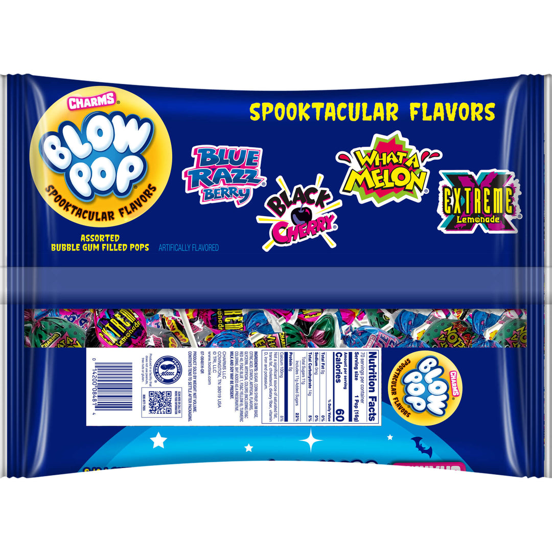 Blow Pop candy package with colorful flavor names on a white background