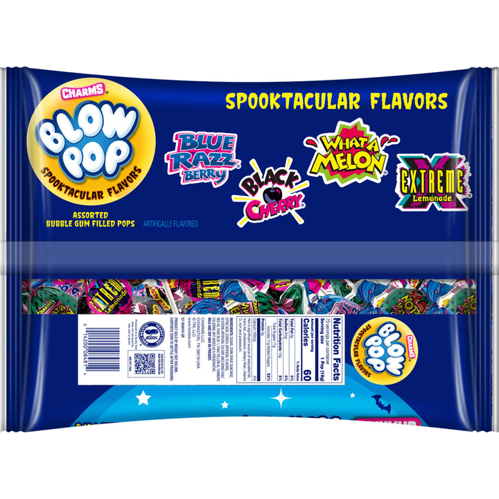 Blow Pop candy package with colorful flavor names on a white background