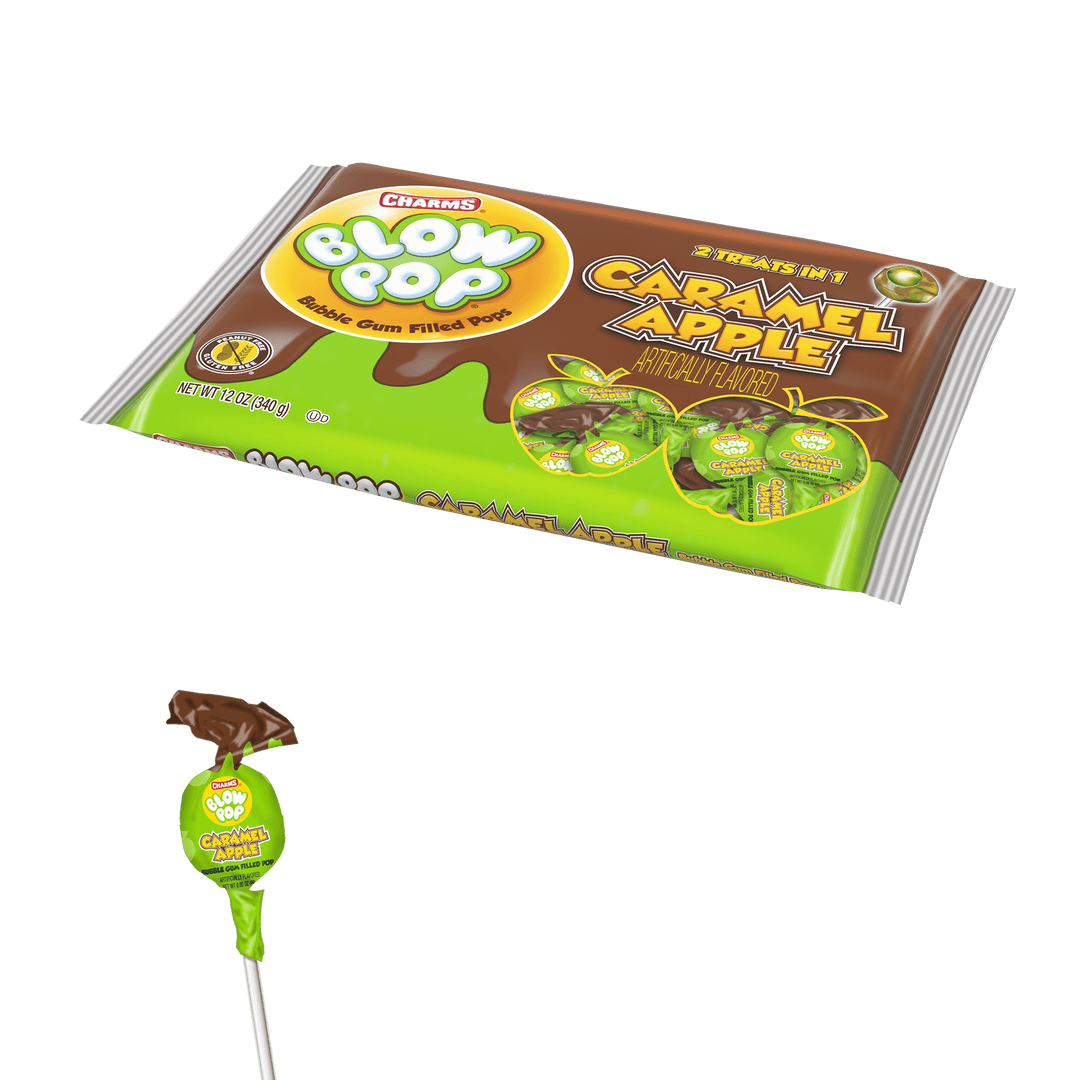 Charms Blow Pop Caramel Apple Pops (12 oz. Bag) with single lollipop next to it