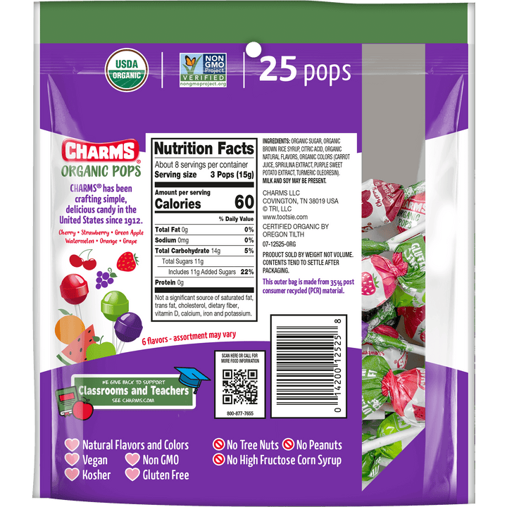 Charms Assorted Organic Pops (4.49 oz. Bag) Nutritional Facts Panel