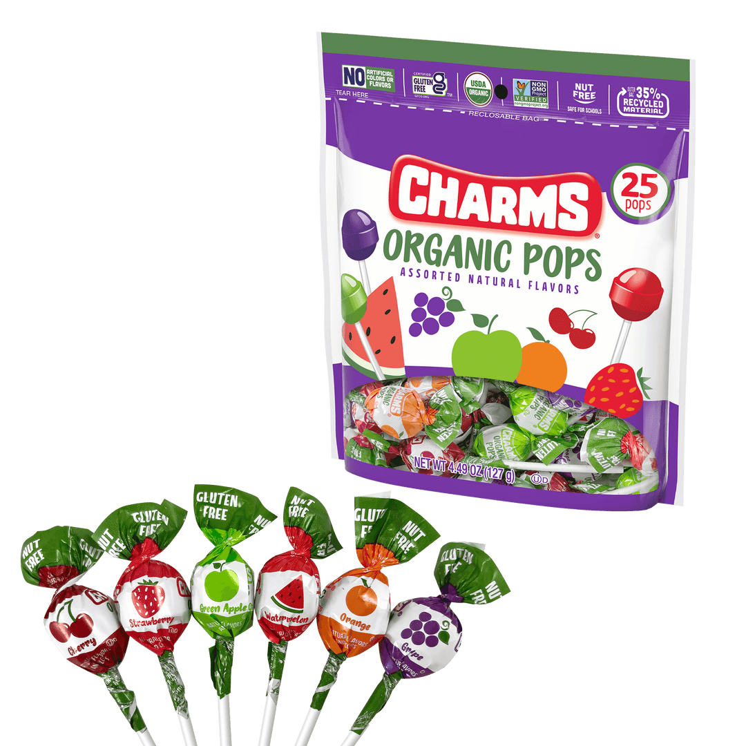 Charms Assorted Organic Pops (4.49 oz. Bag) various lollipop next to a bag