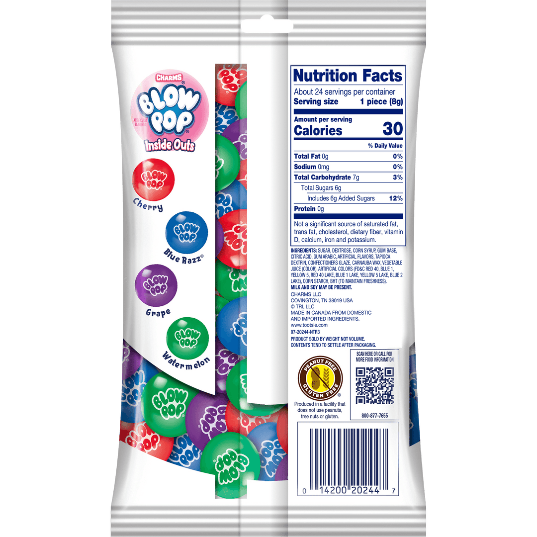 Charms Blow Pop Inside Outs Assorted Gumball Flavors (7oz. Bag) Nutrition Facts Panel