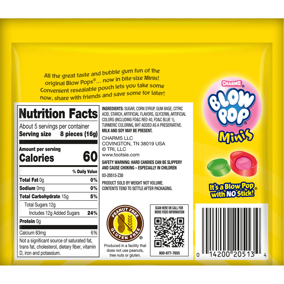 Blow Pop Minis Summer (3 oz. bag) Nutritional Facts Panel