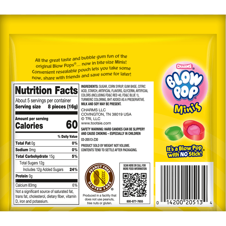 Blow Pop Minis Summer (3 oz. bag) Nutritional Facts Panel