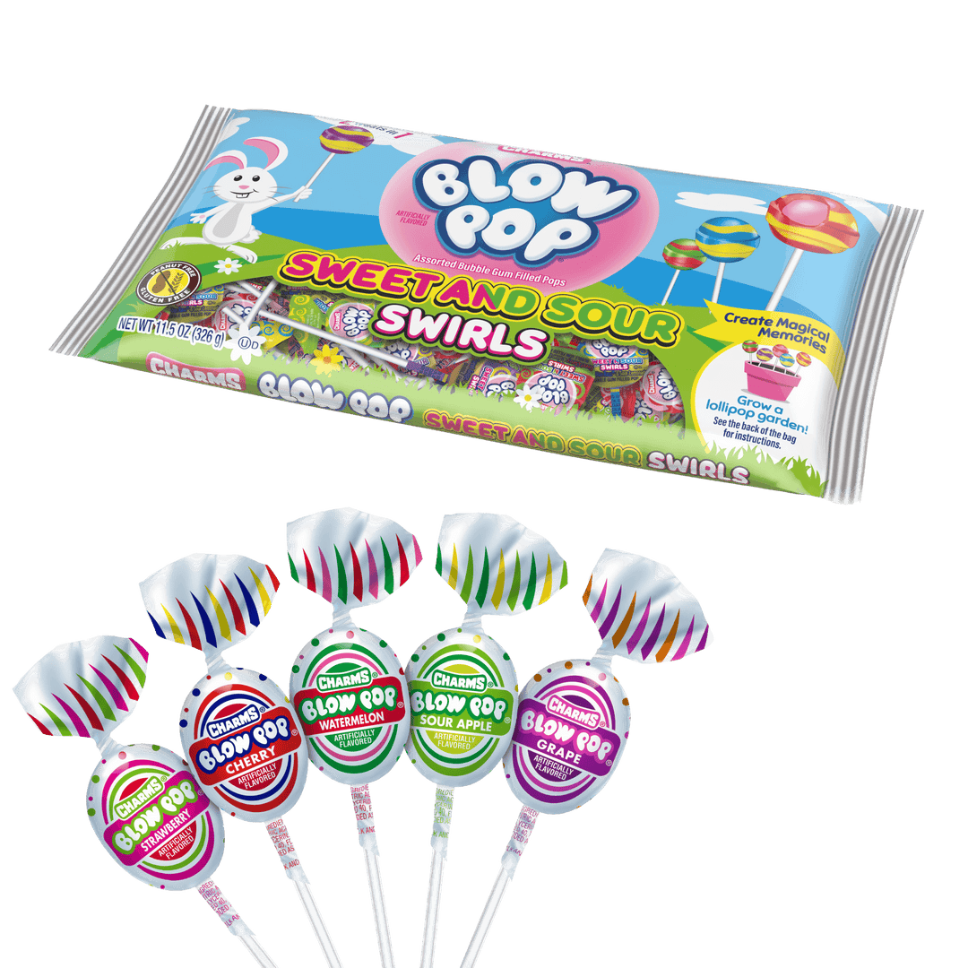 Charms Easter Blow Pop Sweet and Sour (11.5 oz. Bag) with lollipops next to it