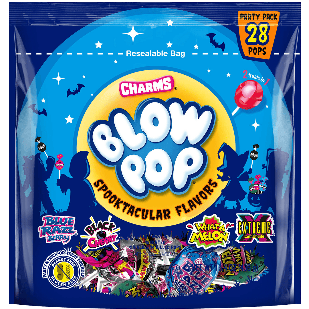 Charms Blow Pop Spooktacular Flavors party pack with blue background and colorful text