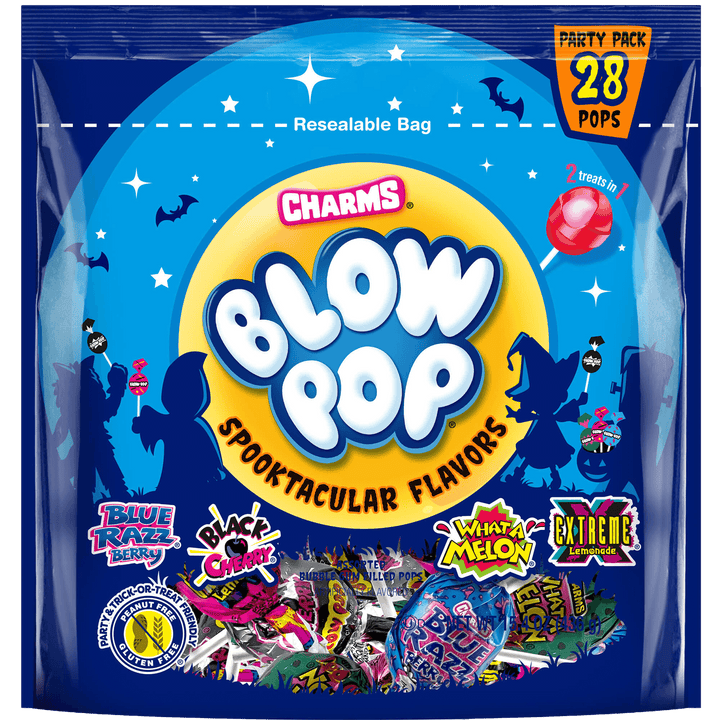 Charms Blow Pop Spooktacular Flavors party pack with blue background and colorful text