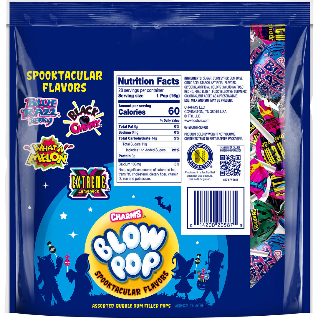 Back view of a Charms Blow Pop package with colorful labels and nutrition facts.