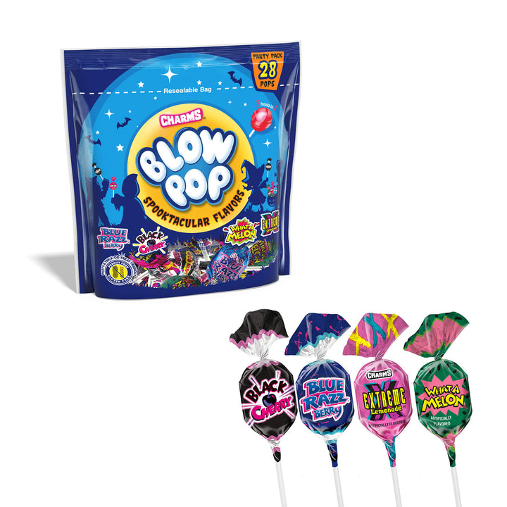 Packaged Charms Blow Pop lollipops with colorful packaging on a white background
