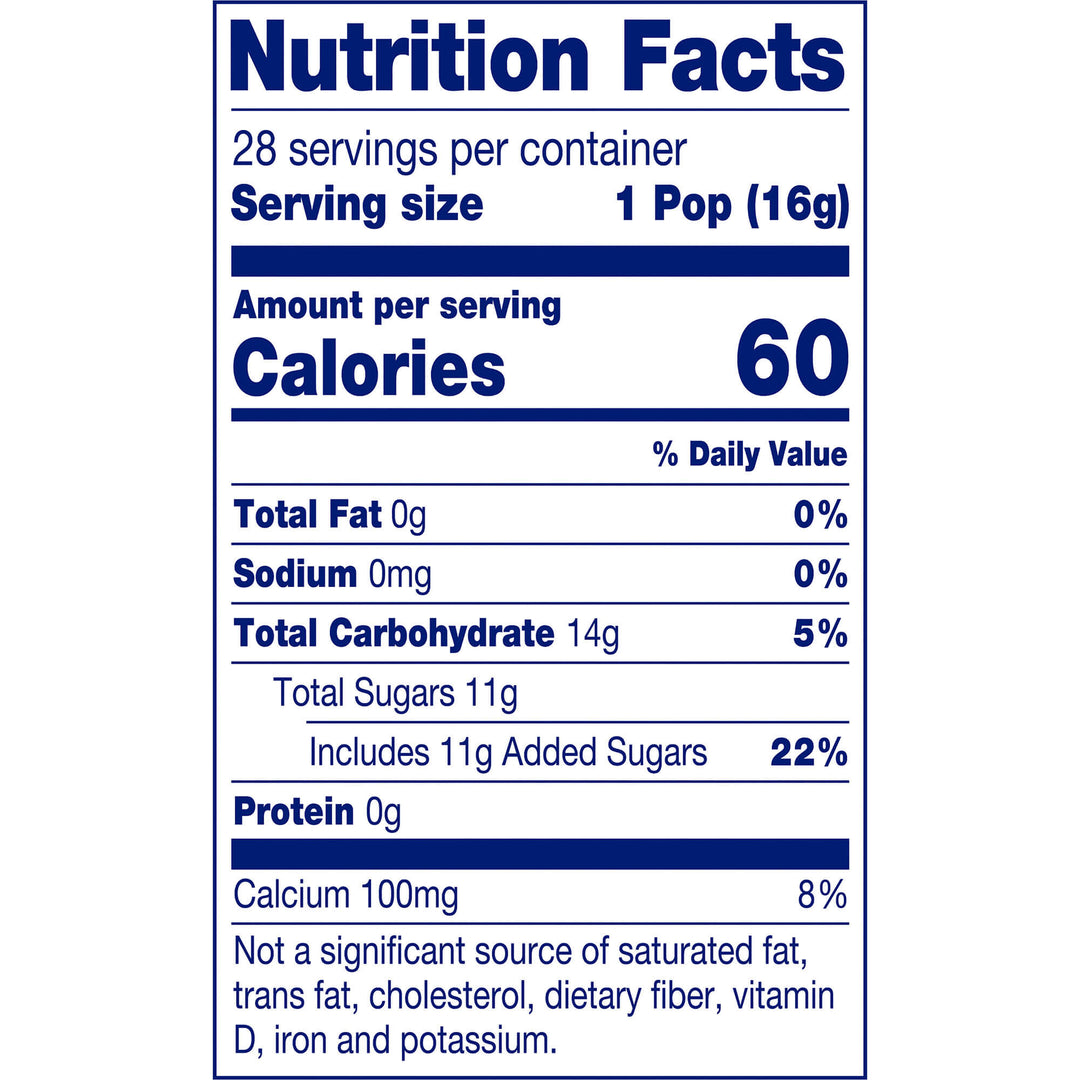 Nutrition facts label for a product with serving size, calories, and nutritional content details.