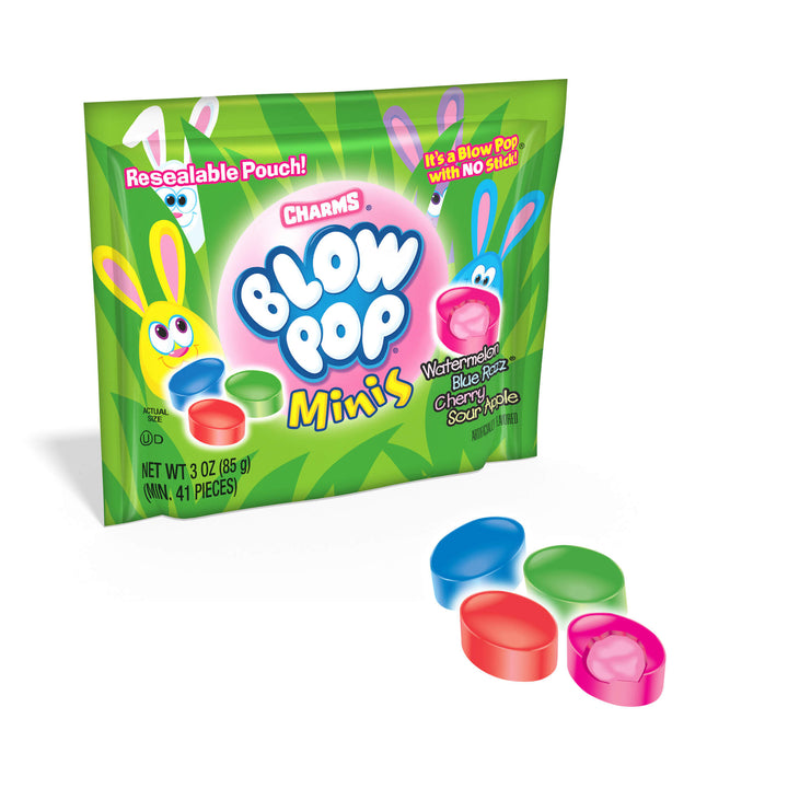 Charms Blow Pop Assorted Easter Minis (3 oz. Pouch) with candies in front of it