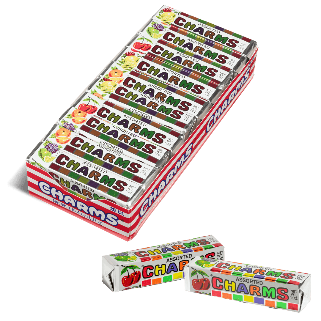 Charms Assorted Fruit Flavors Squares (1 oz. Pack) with candies next to it