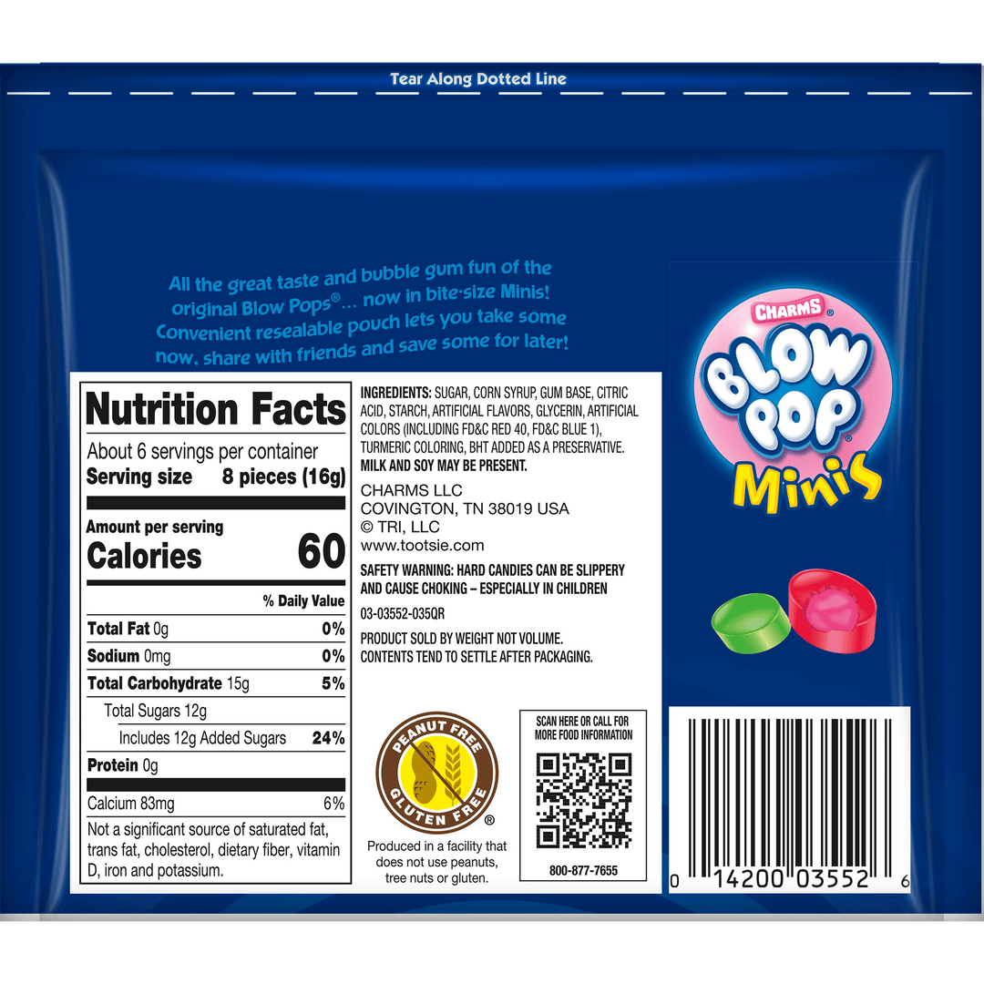 Charms Assorted Blow Pop Minis (3.5 oz. bag) Nutritional Facts Panel