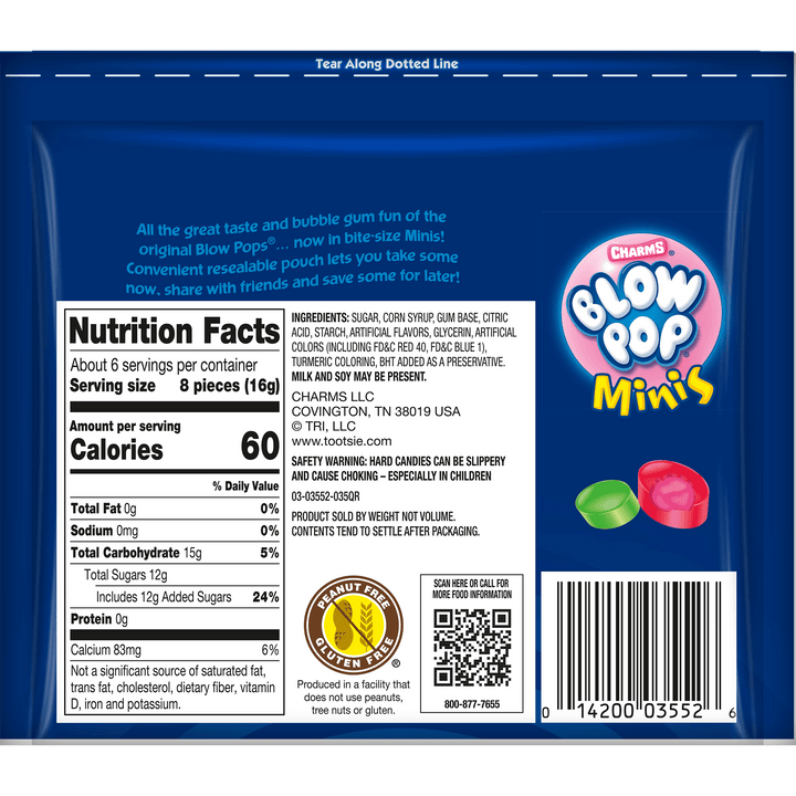 Charms Assorted Blow Pop Minis (3.5 oz. bag) Nutritional Facts Panel