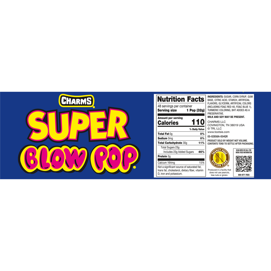 Charms Assorted Super Blow Pop (54 oz. / 48 ct. Box) Nutrition Facts Panel