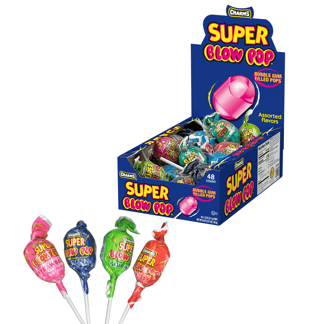 Charms Assorted Super Blow Pop (54 oz. / 48 ct. Box) with lollipops next to the box