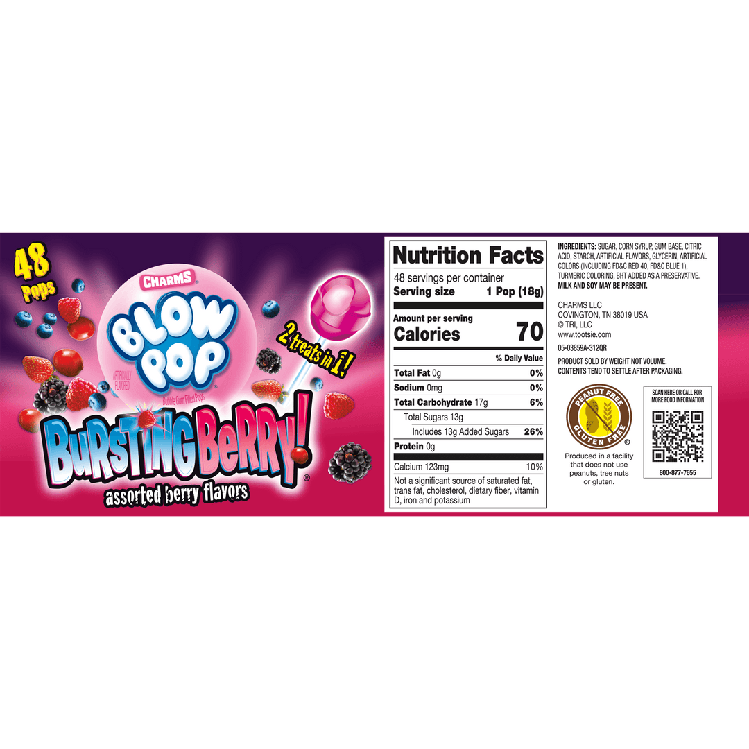 Charms Blow Pop Assorted Bursting Berry (48 ct. Box) Nutritional Facts Panel